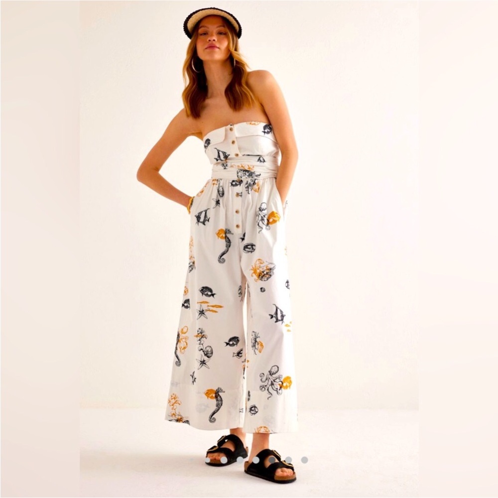 Anthropologie Maeve Sea Creatures Strapless Buttondown Wide-Leg Jumpsuit - Picture 5 of 16